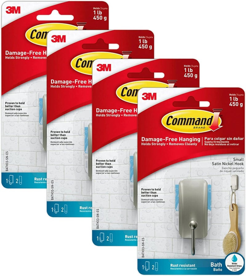 Command BATH33-SN-ES Bath Hooks, Satin Nickel, 4 Count - Image 1